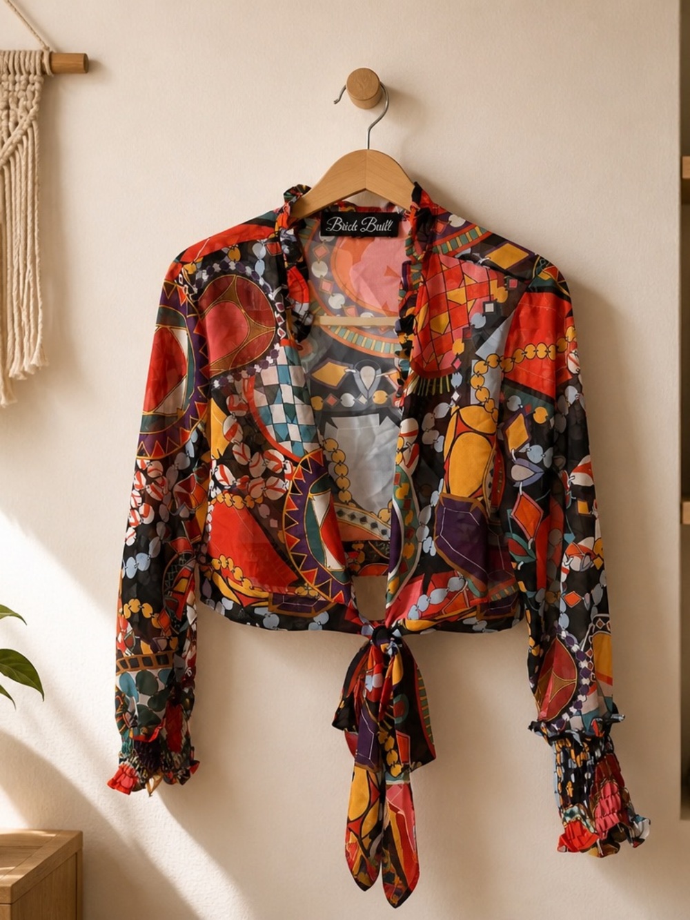 Boho Tie-Front Crop Top in Multicolor Print —